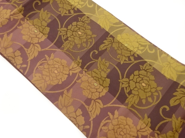 ふくれ織牡丹唐草に横段模様織出し名古屋帯